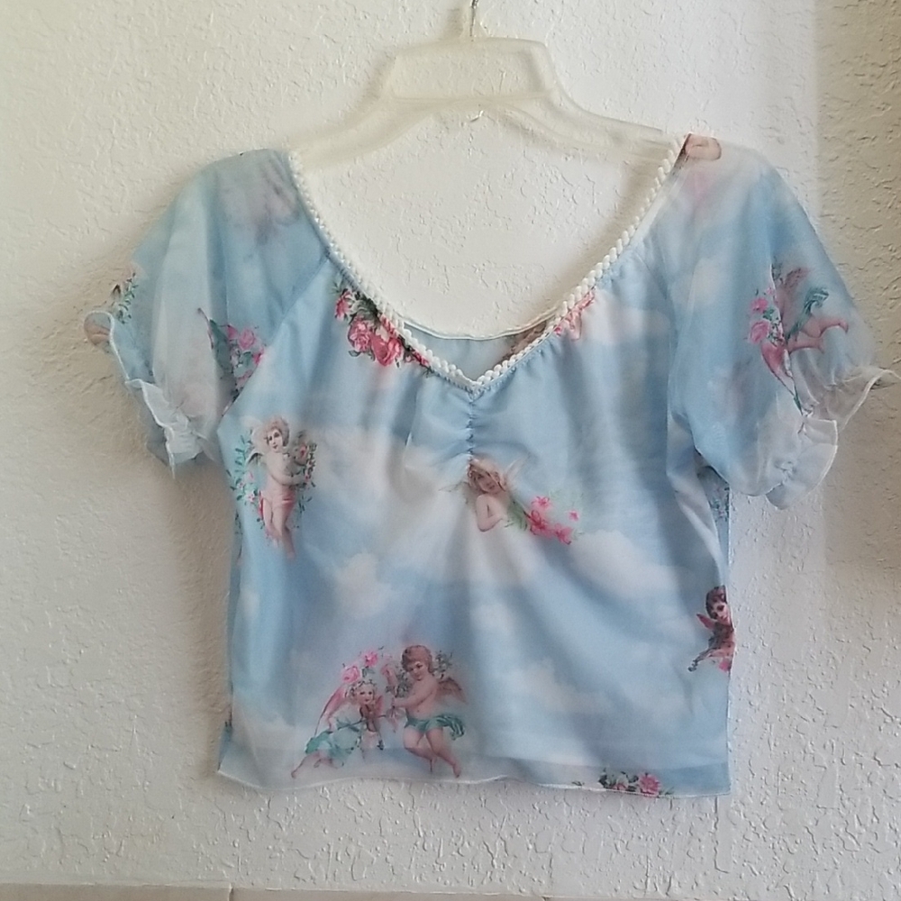 Women's Blue Angel Print Crop Top